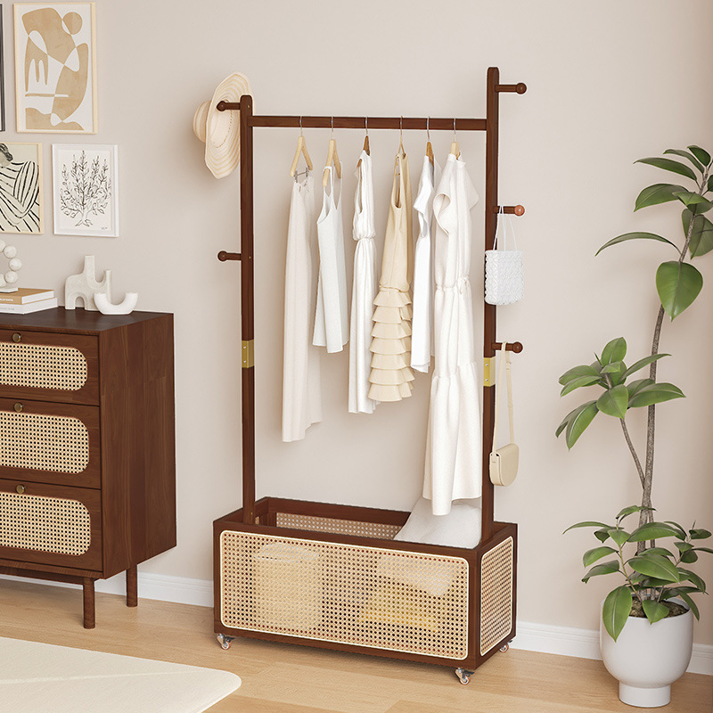Rattan Wooden Hanger Bedroom Floor-type Coat Rack Dirty Clothes Basket with Wheels Multi-function Storage Rack for Clothes