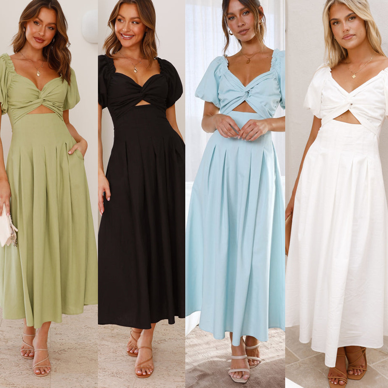 273g Weight Maxi Long Dress Dress Length Type Short Sleeve Sleeve Length Sheath Dress Dresses Type Puff Sleeve Sleeve Type Cotton Fabric Type Mid Waist Waist Line Casual, Daily Occasion V Neck Neckline Regular Fit Fit Type Solid Color Pattern Summer, Spring Season Women's Gender Basic, Simple Style, Classic Style Style S, XL Size Wholesale Women's Basic Simple Style Classic Style Solid Color Casual Daily V Neck Short Sleeve Sheath Dress 无