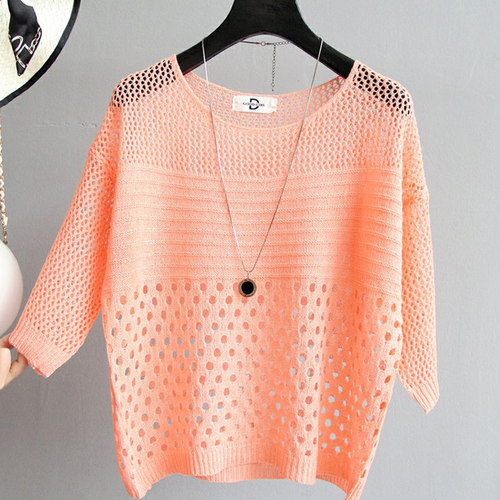 Spring and Autumn Round Collar Slim Fit Medium-Sleeve Lace Knit Tunic Top for Women, Hoodless, Thin, Loose, Versatile, Simple, Covering Shirt