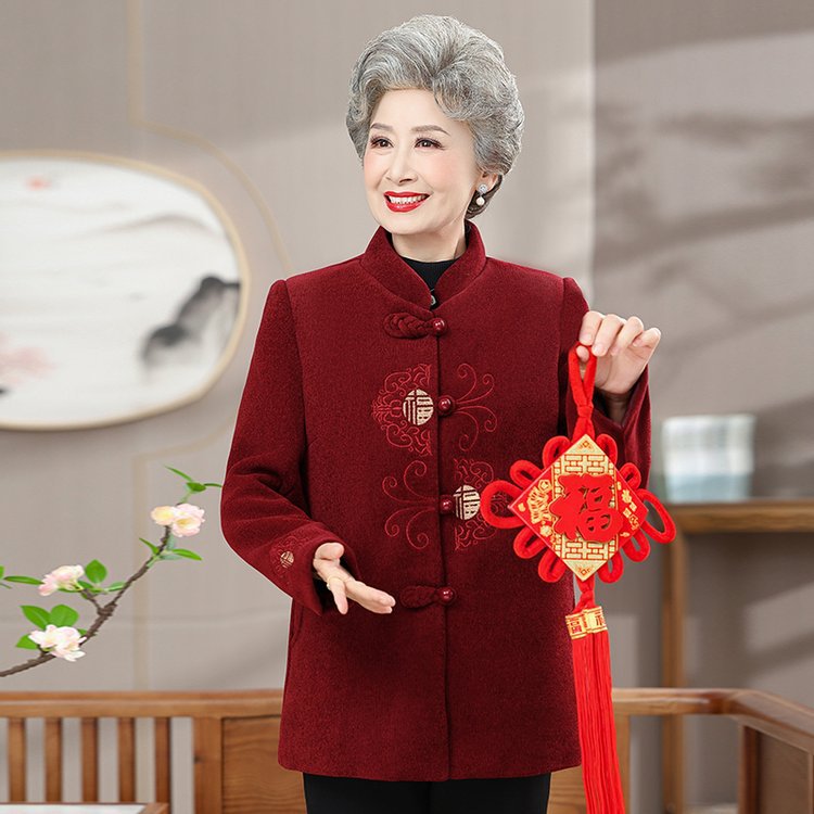 老年人冬装毛呢外套奶奶秋冬女妈妈唐装70岁80老人生日衣服喜宴服
