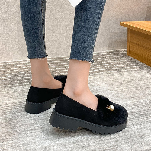 Women's Winter Outerwear Hiking Shoes 2024 New Fuzzy Rabbit Hair Cotton Shoes Thick Heel Thick Sole One-Piece Bead Shoes