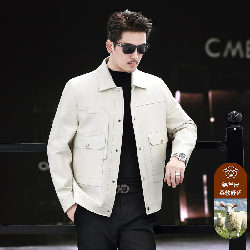 Spring and autumn collection: men's sheepskin jacket, Haining leather jacket, business casual men's shirt, available in stock for immediate shipment