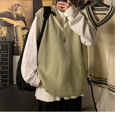 Spring and Autumn Harbor Trend Knit Shirt for Men BF Couple College Style Wool Knit V-neckless Cardigan Vest