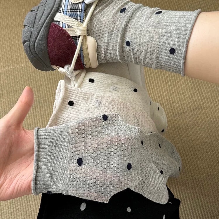 Rolled-Edge Mesh Polka Dot Socks for Women~Ins Summer Thin Hollow Breathable Mid-Calf Socks Spring and Summer Pure Cotton Slouch Socks