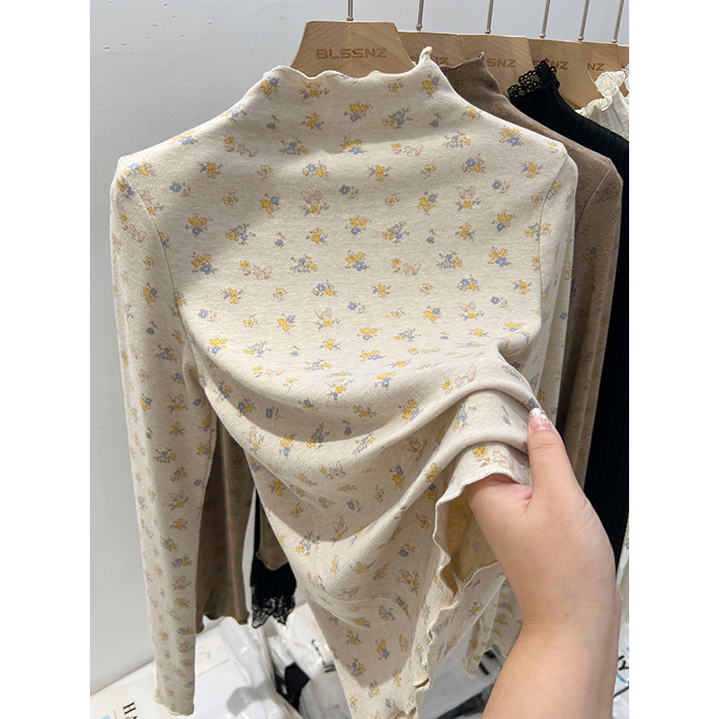 Junior and High School Students' Half Turtleneck Bottoming Shirt for Women, Slim and Chic, Right Shoulder Slimming Look Floral Inner Layering Velvet Top