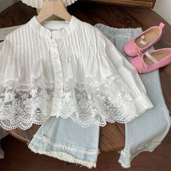 2024 Spring and Autumn Girls' Baby Children's Net Lace Splicing White Stand Collar Shirt and Denim Pants Set Princess Girl