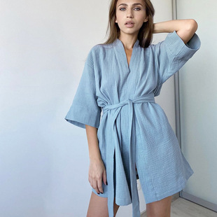 European and American Spring Pure Cotton Casual Fashion Home Nightgown 2023 Short Cardigan Double Gauze Simple Women's Pajamas