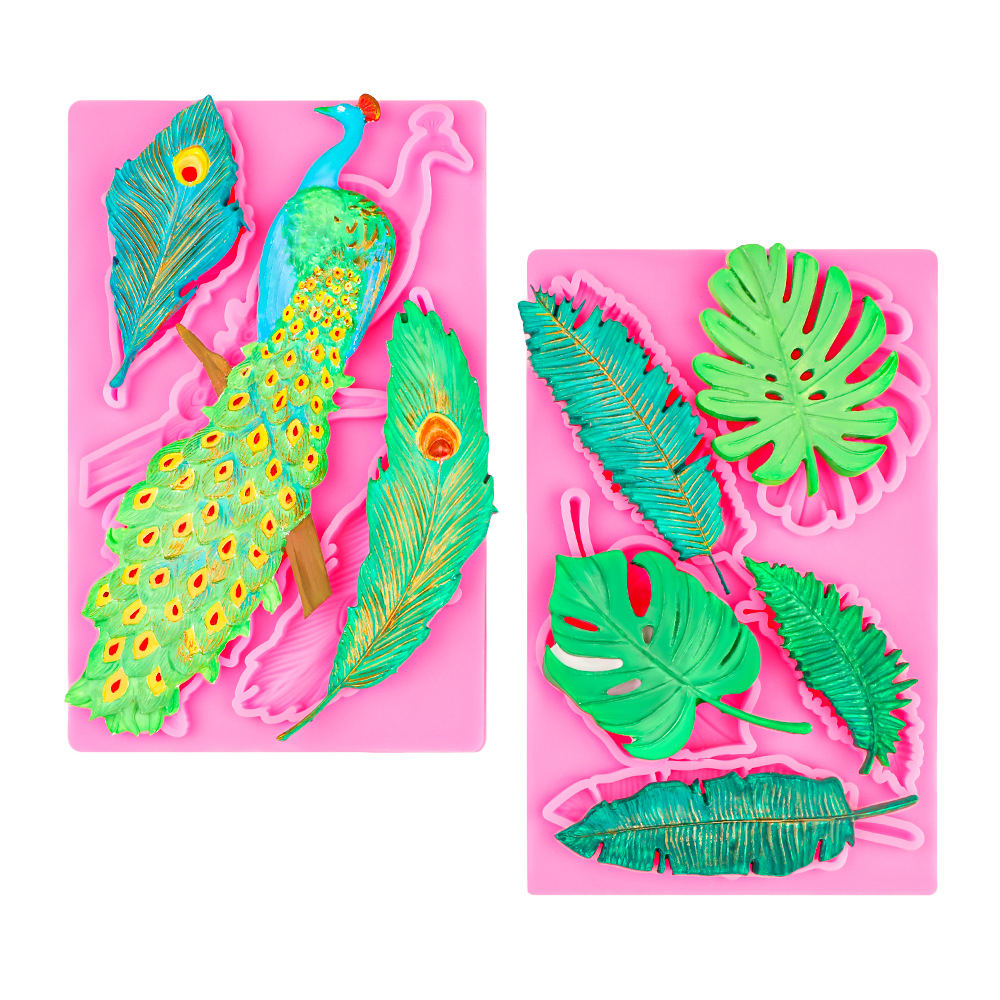 Molde de hojas de helecho de plumas de pavo real de chocolate fondant, molde de yeso de expansión de jabón hecho a mano de bricolaje, molde de decoración de pastel