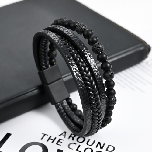 European and American Instagram-style multi-layer woven men's bracelet with natural stone and alloy, men's leather bead bracelet