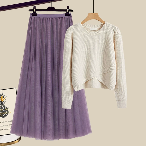 Apricot sweater, purple skirt, set