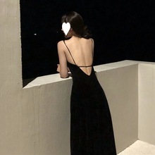 辣妹性感露美背黑色法式绝美海边度假吊带连衣裙子仙女夏长裙