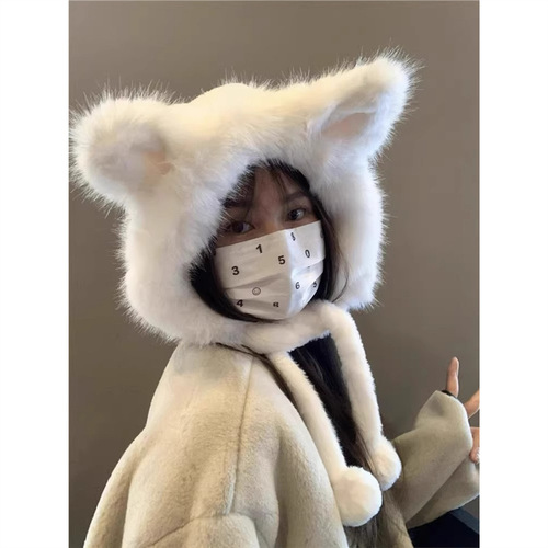 Cute fox ear fuzzy hat for girls, suitable for autumn and winter, warm, Korean style ear protection hat, makes face look smaller, trendy