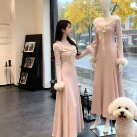 富家千金风蕾丝花边毛毛袖连衣裙女秋冬季高级感名媛温柔气质长裙