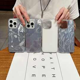 适用苹果15大孔羽纱手机壳iphone14水波纹imd冰川素材彩绘保护套