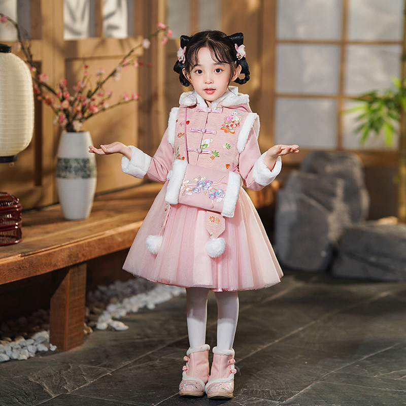 New Year Girl's Hanfu Dress 2024 New Arrival Autumn/Winter Thicker Trendy Rabbit Year Tangzhuang Fleece National Style Set Dress