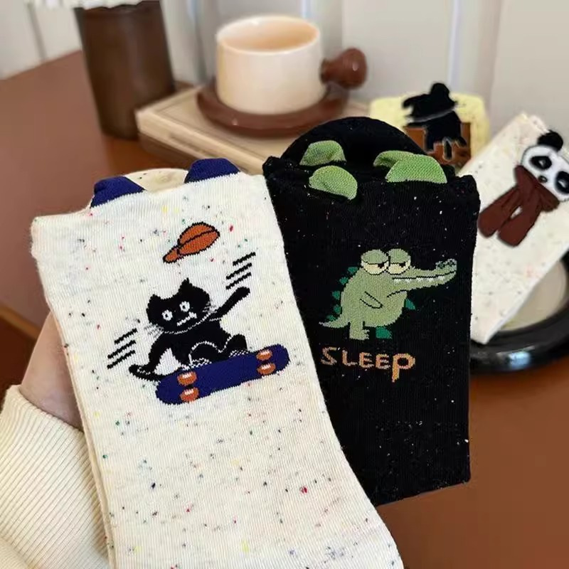 卡通狗狗袜子女ins夏季薄款可爱AB中筒袜日系高颜值卡通竖纹长袜|undefined