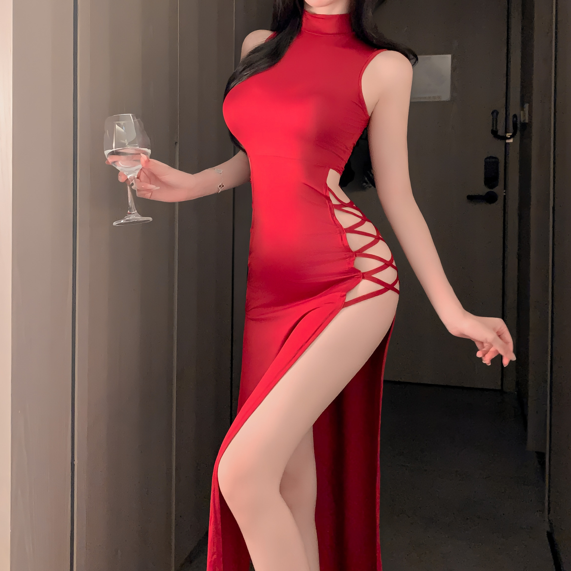 夜店名媛优雅性感诱惑半高领显胸设计绑带长裙开叉辣妹包臀连衣裙