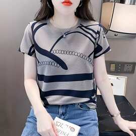 复古圆领印花短袖t恤女2026夏季新款女装洋气宽松百搭显瘦上衣潮