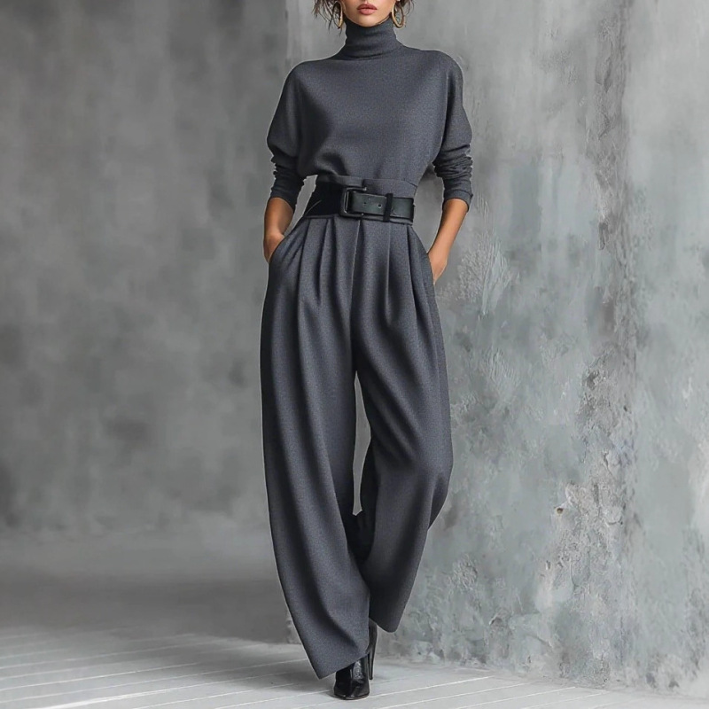 European and American Cross-Border New Women's Clothing, Amazon's Best-Selling High-Neck Long-Sleeve Top Paired with High-Waisted Wide-Leg Pants Two-Piece Set with Belt European and American Cross-Border New Women's Clothing, Amazon's Best-Selling High-Neck Long-Sleeve Top Paired with High-Waisted Wide-Leg Pants Two-Piece Set with Belt