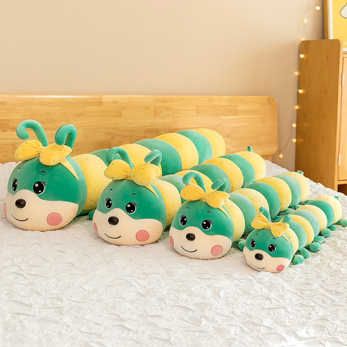 Cartoon bow caterpillar long pillow plush toy cute bug sleeping holding leg doll