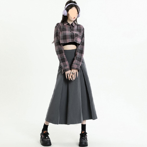 High-end grey semi-slip dress for women with pleated school style, autumn high-waisted flowing medium-long length raincoat style fashion skirt