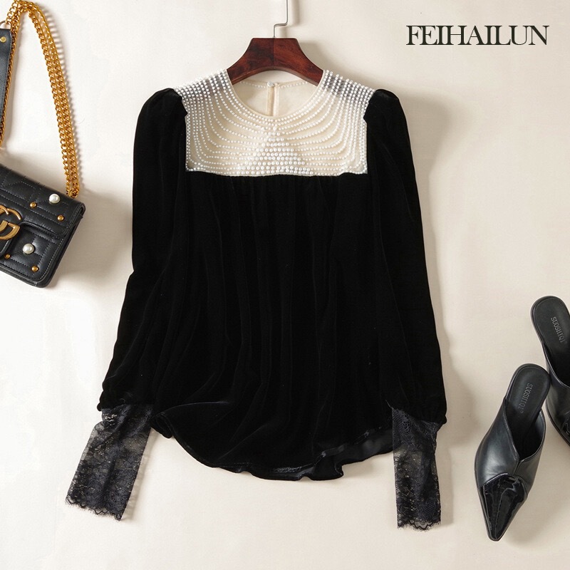 520-1 Black Silk Velvet Heavy Beaded Top Autumn New Temperament Easiest for Match Western Style Shirt for Women
