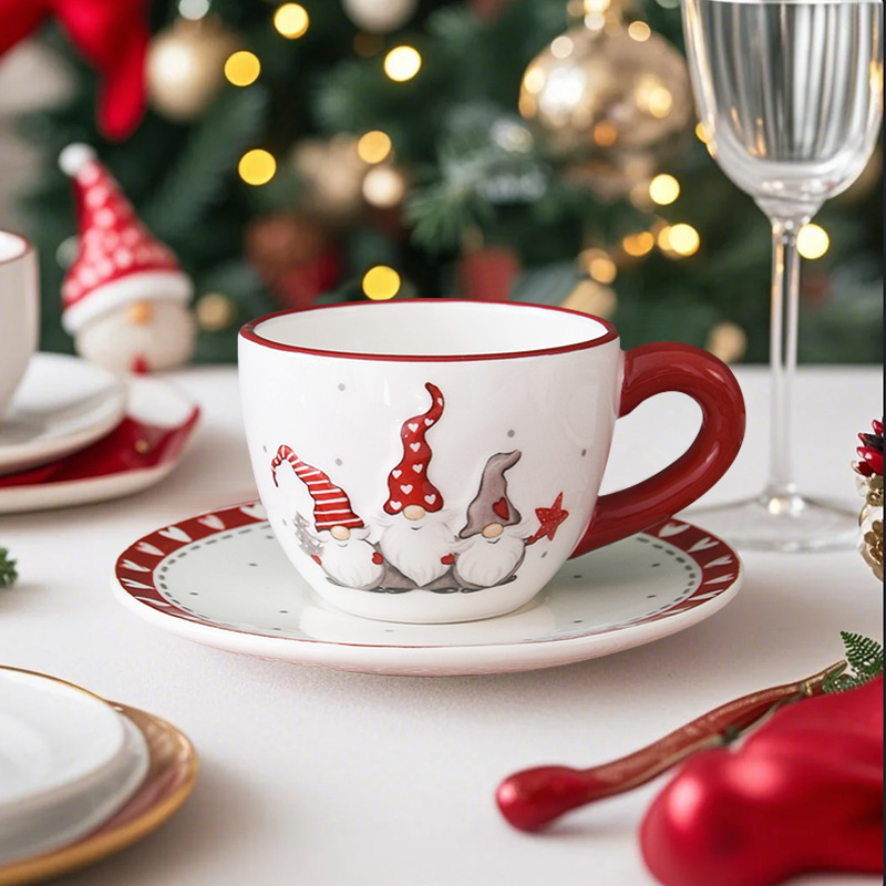 2024 nueva taza de café de Navidad fiesta de dibujos animados diseño de taza de café de cerámica conjunto de oficina