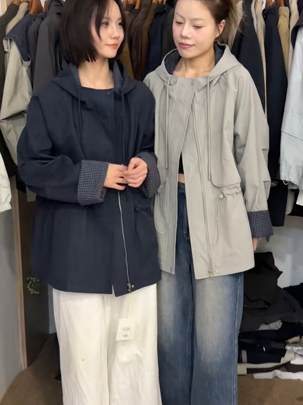 2025秋季新款欧洲站连帽抽绳收腰格子拼接外套女风衣百搭夹克上衣|undefined