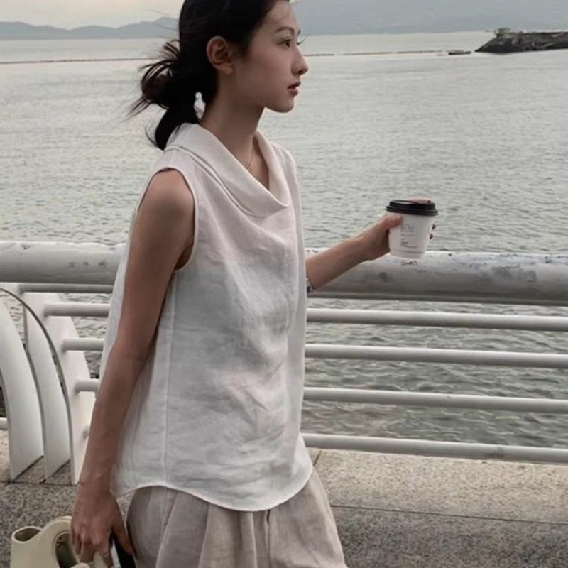 White Cotton and Linen Shirt for Women 2025 Summer Design Niche Swing Collar Blouse Backless Sleeveless French Vest Top Thin