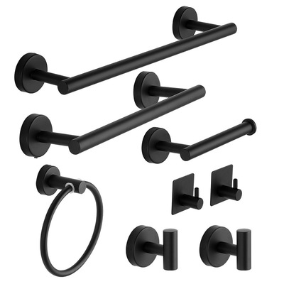黑色不锈钢304套装美式浴巾架毛巾杆纸巾架毛巾环衣帽钩打孔挂件