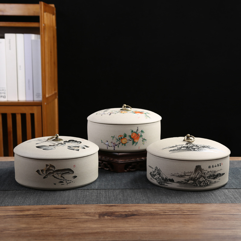 Pu-erh tea storage box, ceramic tea canister, airtight jar, rustic pottery tea caddy, three tea cake storage, large capacity tea canister, wholesale