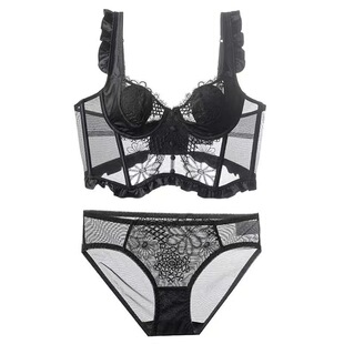 French-style waistcoat corset long sling sexy lace stitching underwear women's small fly sleeve soft steel ring bra set