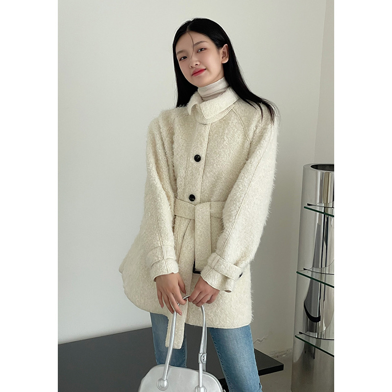 Yoomini 法式简约兔绒外套女2022秋冬新款配腰带宽松气质短款大衣