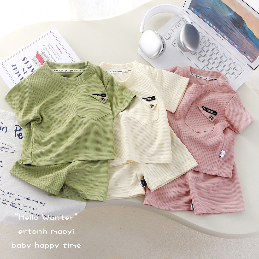 New Children's Waffle Short-Sleeved Suit Summer Casual and Stylish Sportswear for Boys and Girls, Fresh and Thin Two-Piece Set
