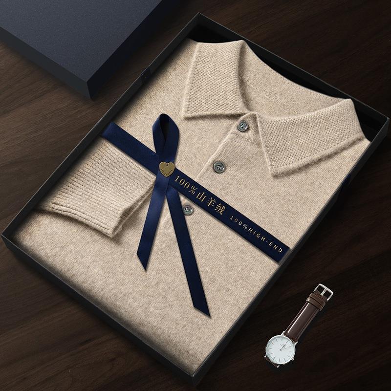 캐시미어 남성용 폴로 칼라 100% 순수 캐시미어 따뜻한 스웨터 느슨한 풀오버 가벼운 비즈니스 니트 바텀 셔츠 가을