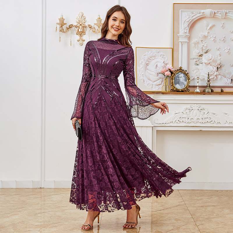 European and American Sequin Evening Dress Banquet Elegant Dress Party Skirt Amazon Long-Sleeved Dress Middle Eastern Long Skirt