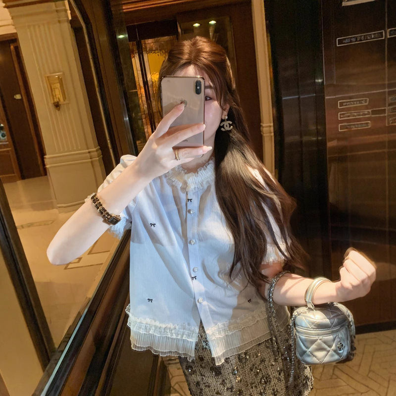 鱼兔子的兔子蝴蝶结蕾丝花边衬衣女新款蓝色短袖衬衫气质女士上衣|undefined
