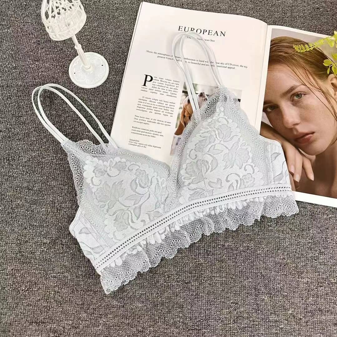 Bra de encaje del sudeste asiático, ropa interior de mujer, bra de copa triangular francesa, verano sin anillo de acero, copa delgada, algodón sexy y cómodo para la piel