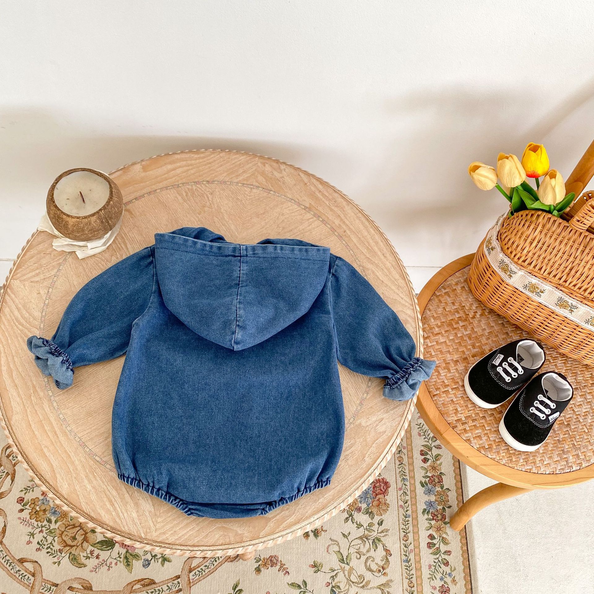 Ins 2024 autumn clothing for infants, young children, boys girls, denim style, hooded, double pocket, long sleeved,_voghion.com