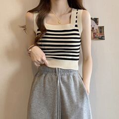 針織條紋吊帶背心女夏春秋裝2023年新款內搭打底無袖短款上衣辣妹
