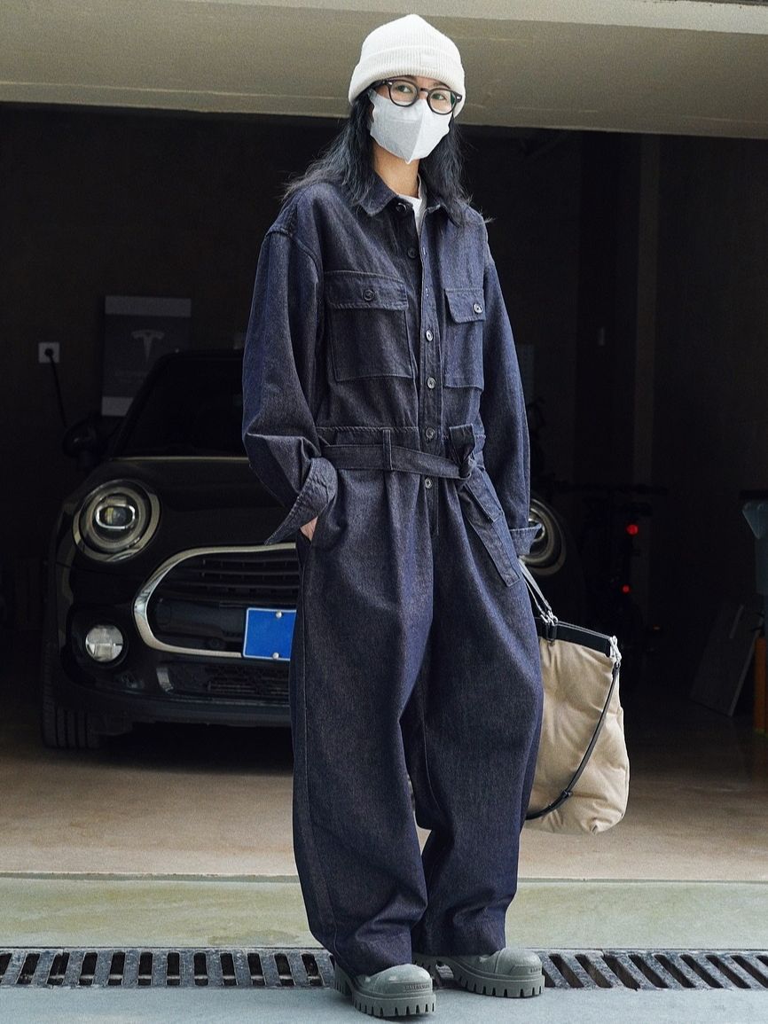 Xuman Spring New Korean Style Street Style Workwear Style Denim Jumpsuit Loose Lace-Up Casual Jumpsuit for Women