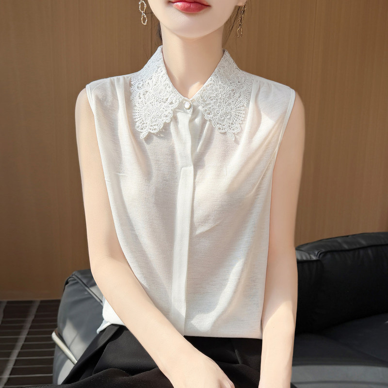 French-Style Unique Lace-Trimmed Polo Collar Sleeveless Shirt for Women, Elegant Layered Look with a Turn-Down Collar, Loose Knit Vest for Layering