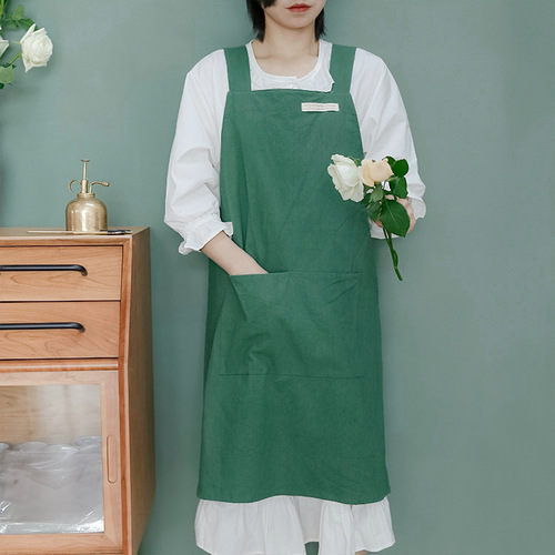 Japanese and Korean Cotton Linen Apron Minimalist Style Wide Shoulder Straps Solid Color Water-Resistant Washable Cotton Home Kitchen Apron for Women Wholesale Apron Waist