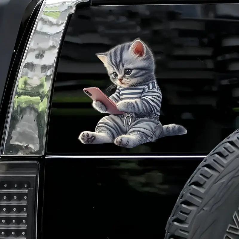 Cross-border car stickers: fun, personalized, creative, cute kitten playing with phone, vinyl, waterproof, durable stickers