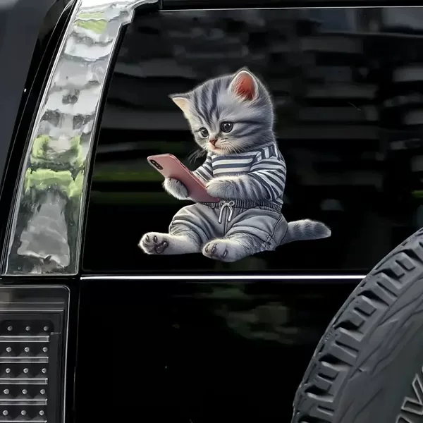 Cross-border car stickers: fun, personalized, creative, cute kitten playing with phone, vinyl, waterproof, durable stickers