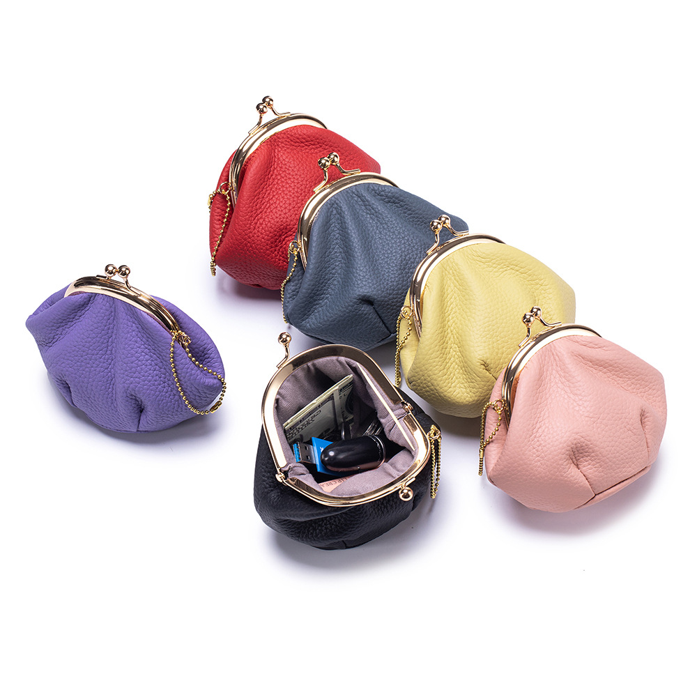 Genuine leather fashion kiss-lock purse, creative coin purse, women's mini Japanese-style storage clip bag, portable dumpling clasp bag