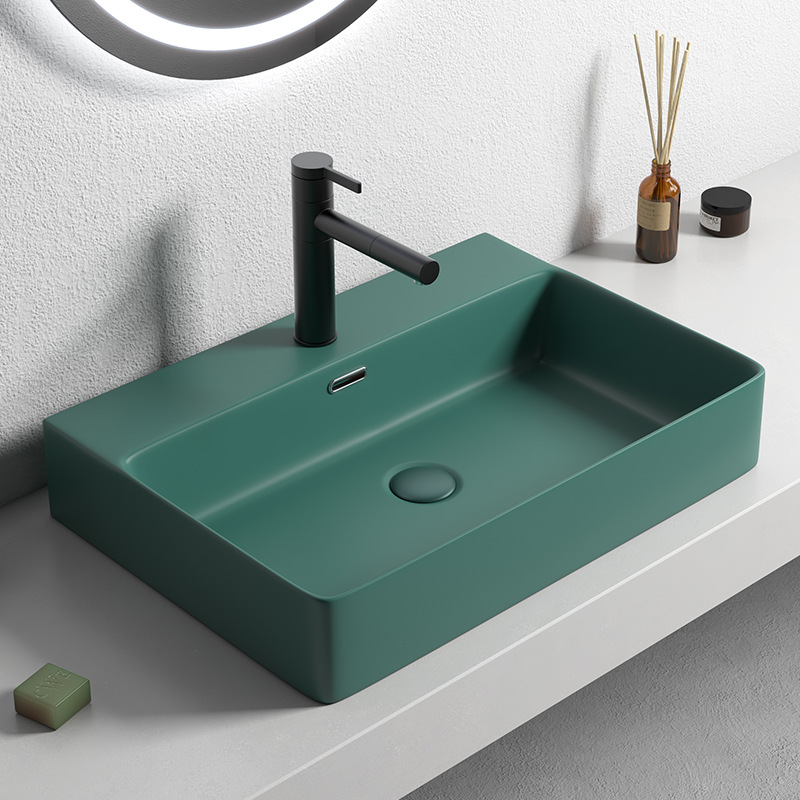 Mesa nórdica lavabo hogar cerámica cuadrado verde oscuro lavabo gran tamaño lavabo único baño