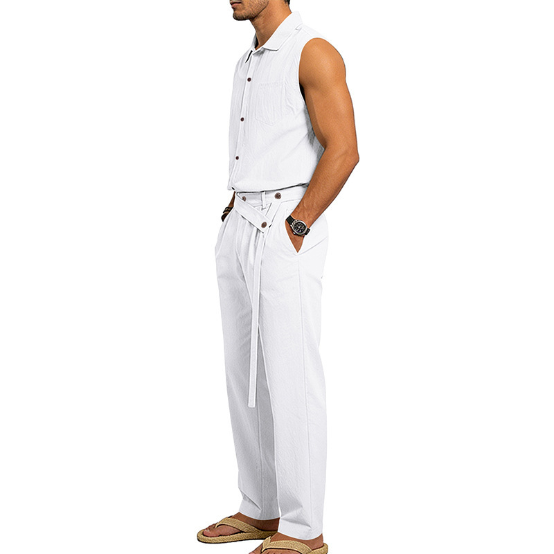 Men's Linen Blend Short Sleeve Shirt And Pants Set Breathable Casual Summer Outfit Comfortable Relaxed Fit_viptrois.com