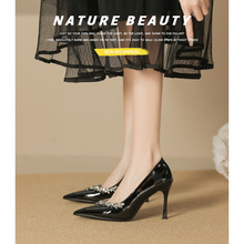 水钻高跟鞋女新款细跟尖头浅口加肥加大小码法式气质通勤淑女单鞋