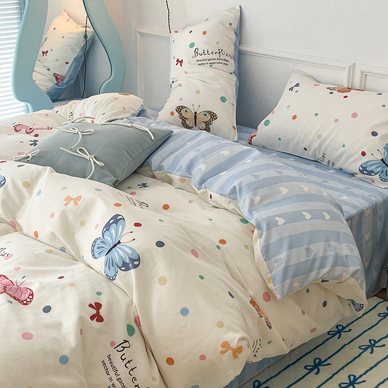 Algodón fresco 100 algodón de cuatro piezas edredón cubierta de ropa de cama dormitorio de estudiantes hoja de cama de tres piezas sábana ajustable
